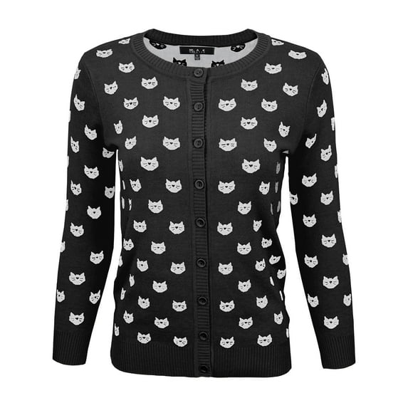 YEMAK Women's Cute Cat Pattern 3/4 Sleeve Button Down Stylish Cardigan Sweater MK3466-BLK/IVR-M