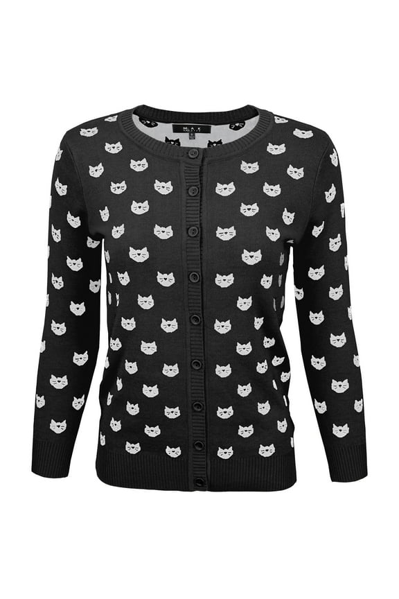 Women's Cute Cat Pattern 3/4 Sleeve Button Down Stylish Cardigan Sweater MK3466-BLK/IVR-S