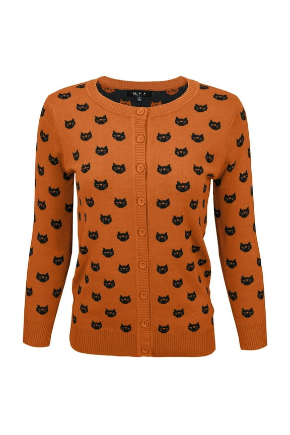 Women's Cute Cat Pattern 3/4 Sleeve Button Down Stylish Cardigan Sweater MK3466-DOR/BLK-M