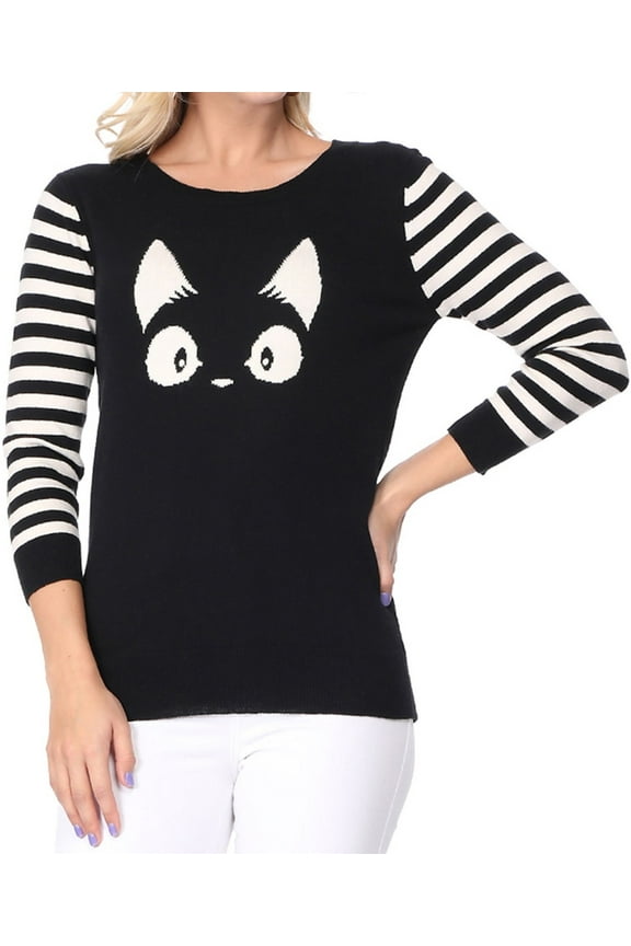 Women's Kitty Cat Face 3/4 Sleeve Crewneck Casual Pullover Sweater MK3375-BLACK-S