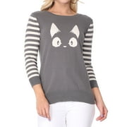 YEMAK Women's Kitty Cat Face 3/4 Sleeve Crewneck Casual Pullover Sweater MK3375-GREY-L