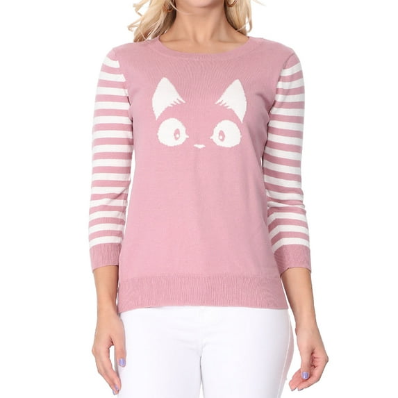 YEMAK Women's Kitty Cat Face 3/4 Sleeve Crewneck Casual Pullover Sweater MK3375-MAUVE-L