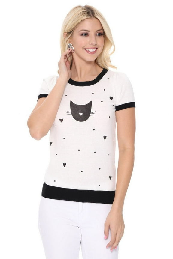 Women's Kitty Cat Face Casual Short Sleeve Pullover Sweater MK3182-BLACK-L (S-L)