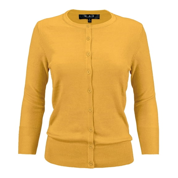 YEMAK Women's Knit Cardigan Sweater – 3/4 Sleeve Crewneck Basic Classic Casual Button Down Soft Lightweight Top