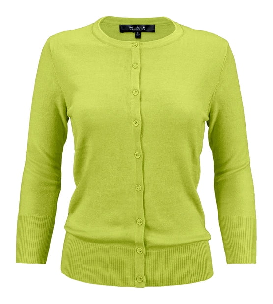 YEMAK Women's Knit Cardigan Sweater – 3/4 Sleeve Crewneck Basic Classic Casual Button Down Soft Lightweight Top