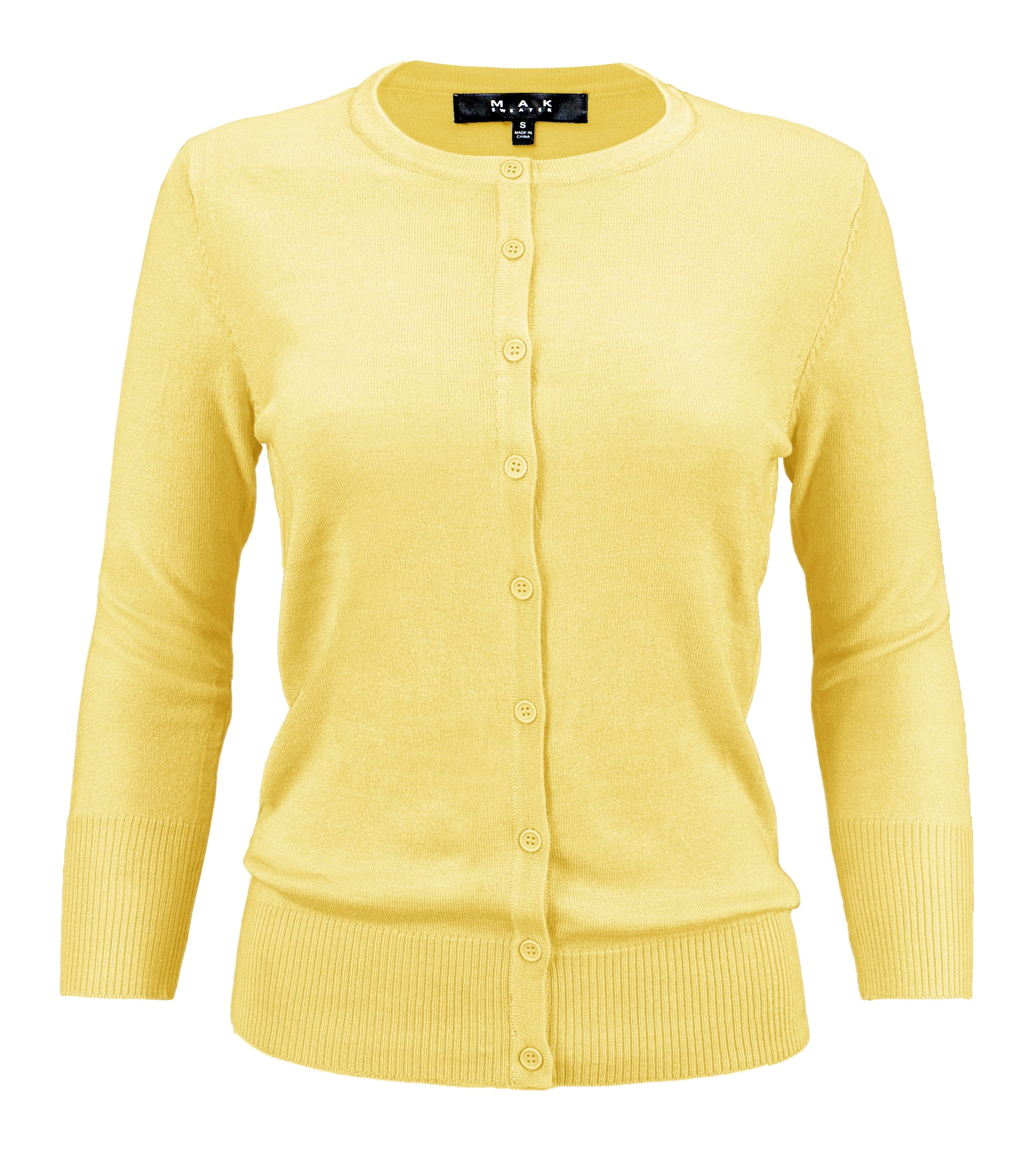 YEMAK Women's Knit Cardigan Sweater – 3/4 Sleeve Crewneck Basic Classic Casual Button Down Soft Lightweight Top