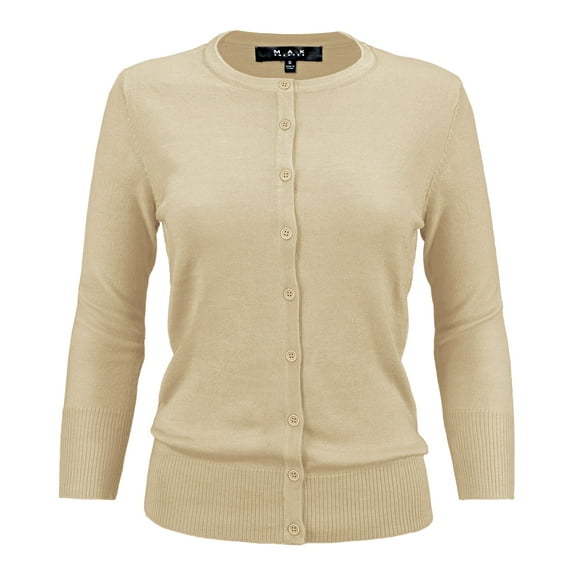 YEMAK Women's Knit Cardigan Sweater – 3/4 Sleeve Crewneck Basic Classic Casual Button Down Soft Lightweight Top