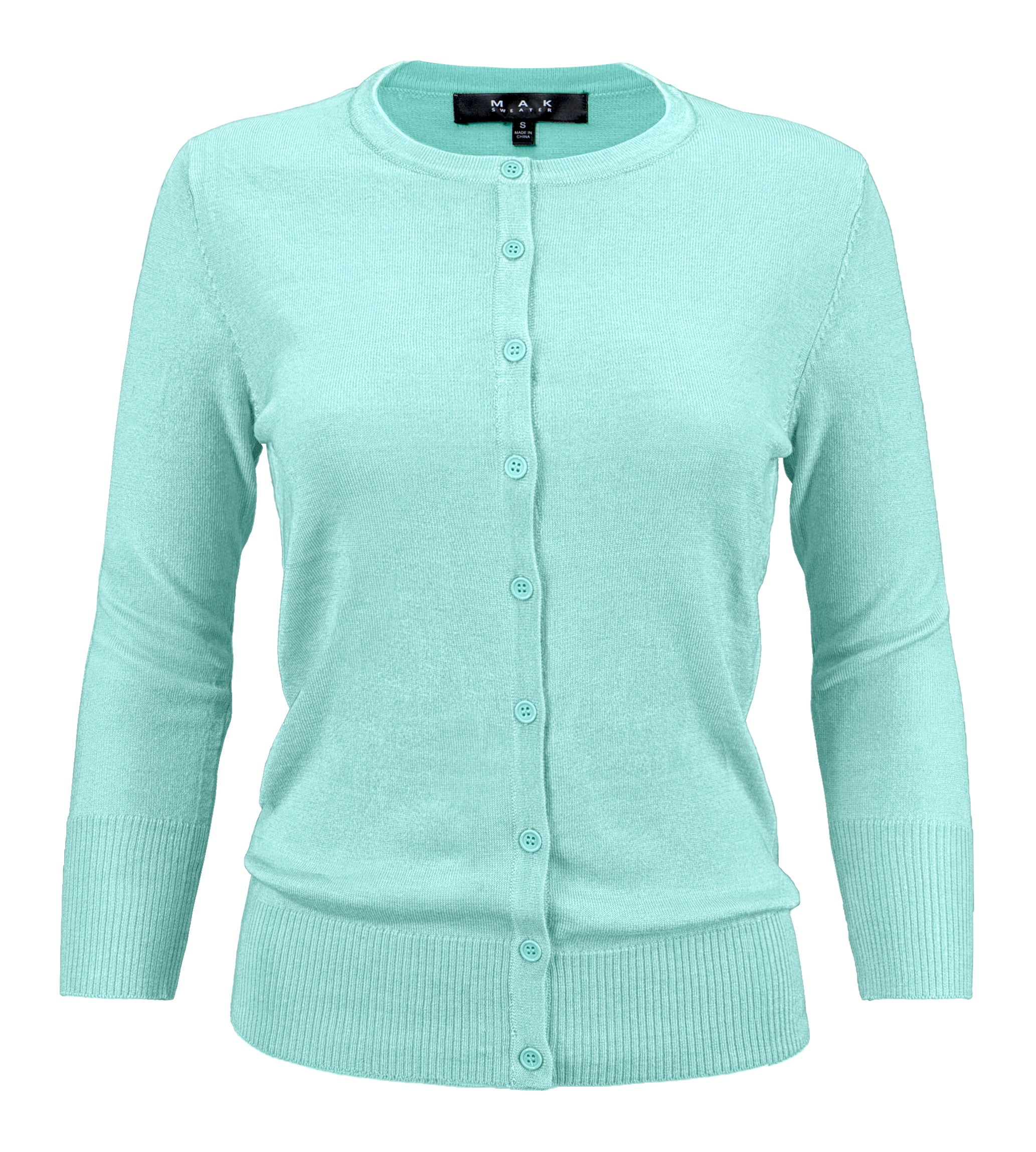 YEMAK Women's Knit Cardigan Sweater – 3/4 Sleeve Crewneck Basic Classic Casual Button Down Soft Lightweight Top