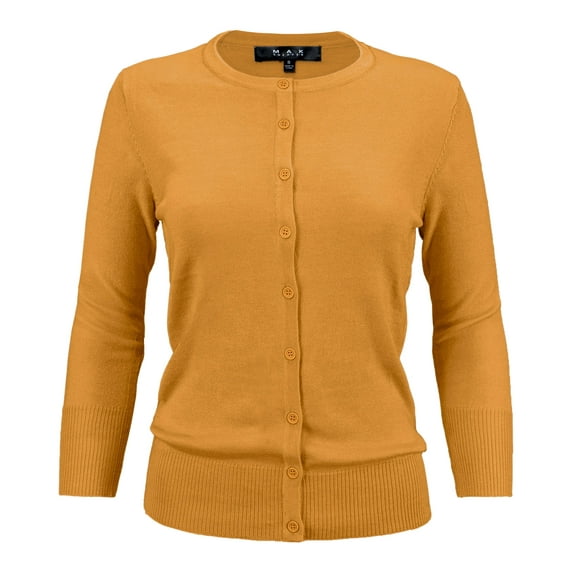 YEMAK Women's Knit Cardigan Sweater – 3/4 Sleeve Crewneck Basic Classic Casual Button Down Soft Lightweight Top