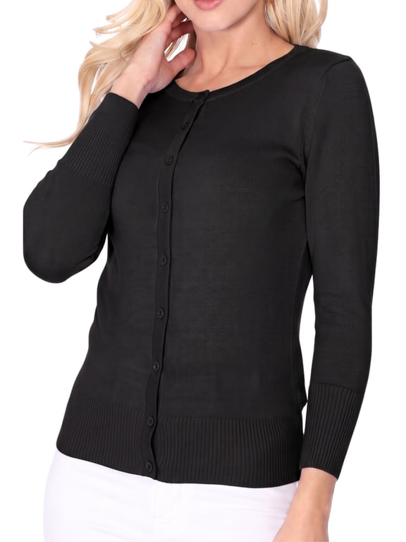 Women's Knit Cardigan Sweater – 3/4 Sleeve Crewneck Basic Classic Casual Button Down Soft Lightweight Top