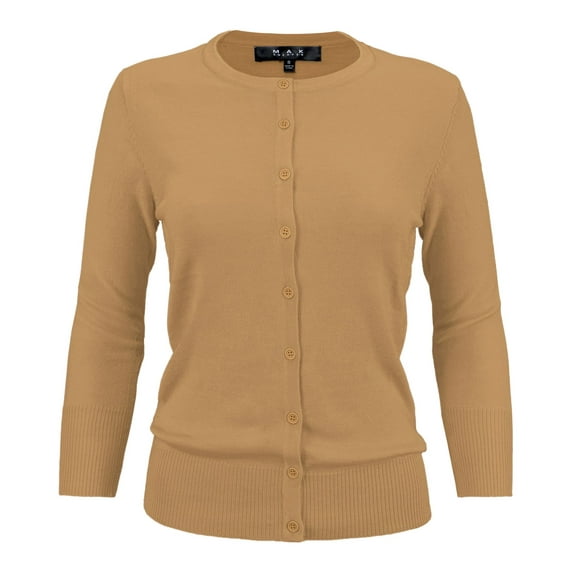 YEMAK Women's Knit Cardigan Sweater – 3/4 Sleeve Crewneck Basic Classic Casual Button Down Soft Lightweight Top