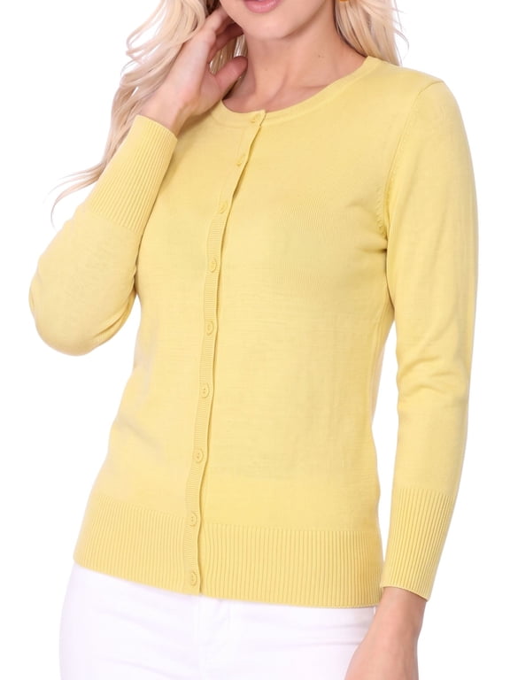 Women's Knit Cardigan Sweater – 3/4 Sleeve Crewneck Basic Classic Casual Button Down Soft Lightweight Top