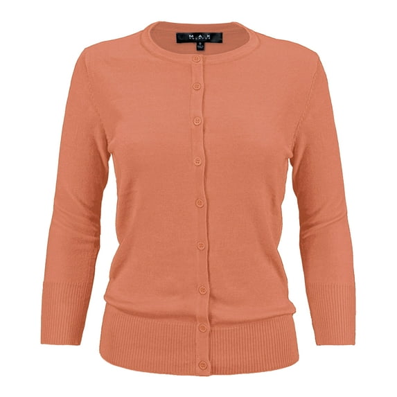 YEMAK Women's Knit Cardigan Sweater – 3/4 Sleeve Crewneck Basic Classic Casual Button Down Soft Lightweight Top