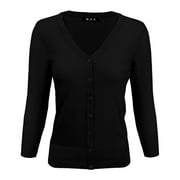 YEMAK Women's Knit Cardigan Sweater – 3/4 Sleeve V-Neck Basic Classic Casual Button Down Soft Lightweight Top