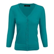 YEMAK Women's Knit Cardigan Sweater – 3/4 Sleeve V-Neck Basic Classic Casual Button Down Soft Lightweight Top