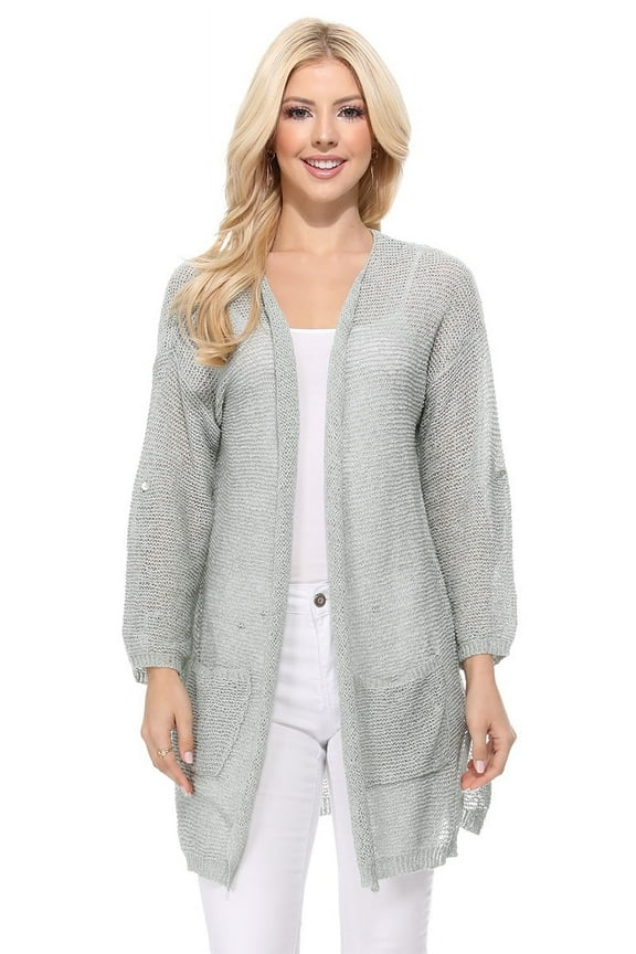 Women's Knit Cardigan Sweater – Casual Roll Up Long Sleeve Open Front Sheer See Through Lightweight Soft with Pockets