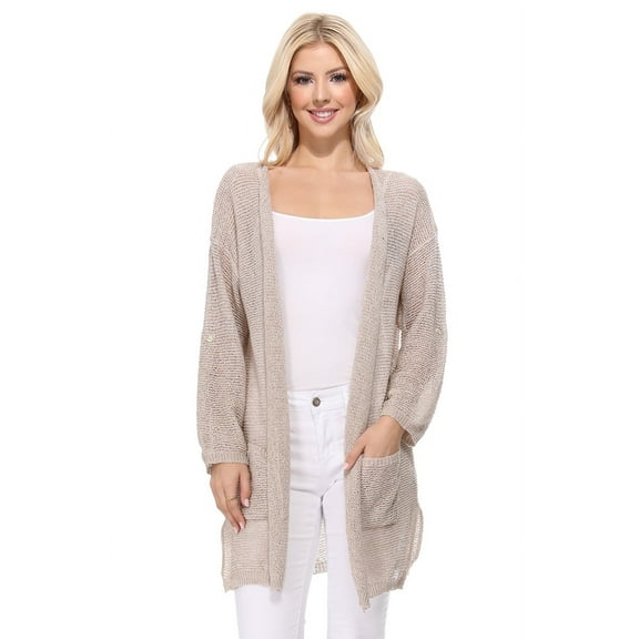 YEMAK Women's Knit Cardigan Sweater – Casual Roll Up Long Sleeve Open Front Sheer See Through Lightweight Soft with Pockets