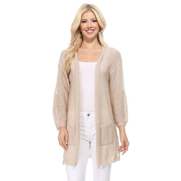 YEMAK Women's Knit Cardigan Sweater – Casual Roll Up Long Sleeve Open Front Sheer See Through Lightweight Soft with Pockets