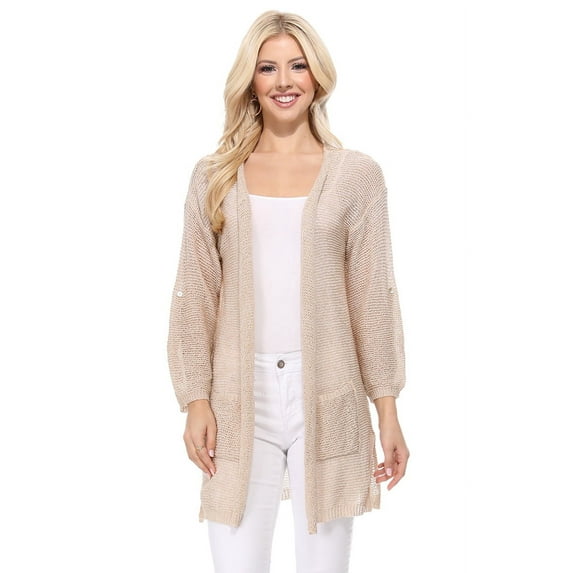 YEMAK Women's Knit Cardigan Sweater – Casual Roll Up Long Sleeve Open Front Sheer See Through Lightweight Soft with Pockets