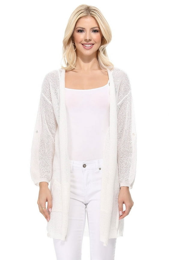 Women's Knit Cardigan Sweater – Casual Roll Up Long Sleeve Open Front Sheer See Through Lightweight Soft with Pockets