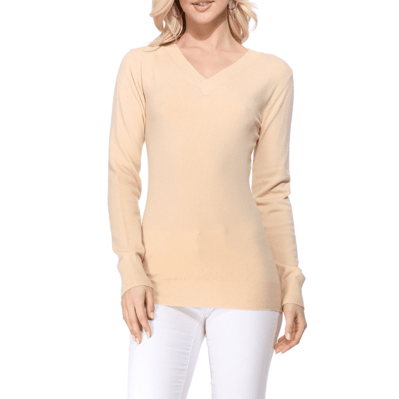YEMAK Women's Knit Sweater Pullover – Long Sleeve V-Neck Basic Classic Casual Knitted Soft Lightweight T-Shirt Top