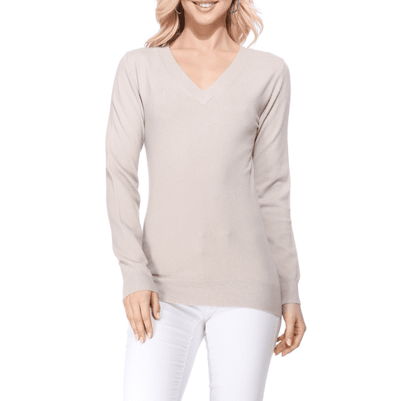 YEMAK Women's Knit Sweater Pullover – Long Sleeve V-Neck Basic Classic Casual Knitted Soft Lightweight T-Shirt Top