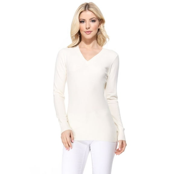 YEMAK Women's Knit Sweater Pullover – Long Sleeve V-Neck Basic Classic Casual Knitted Soft Lightweight T-Shirt Top
