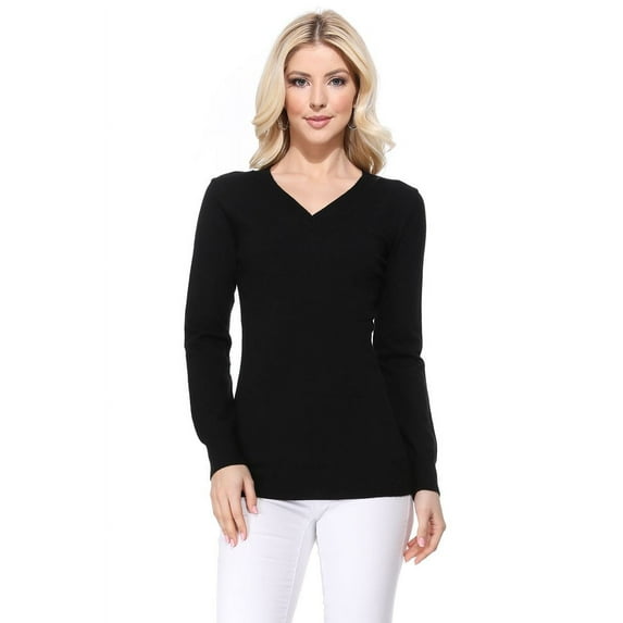 YEMAK Women's Knit Sweater Pullover – Long Sleeve V-Neck Basic Classic Casual Knitted Soft Lightweight T-Shirt Top