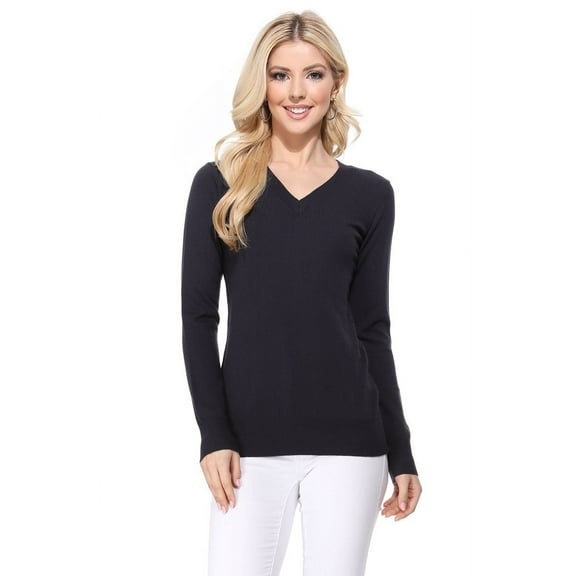 YEMAK Women's Knit Sweater Pullover – Long Sleeve V-Neck Basic Classic Casual Knitted Soft Lightweight T-Shirt Top