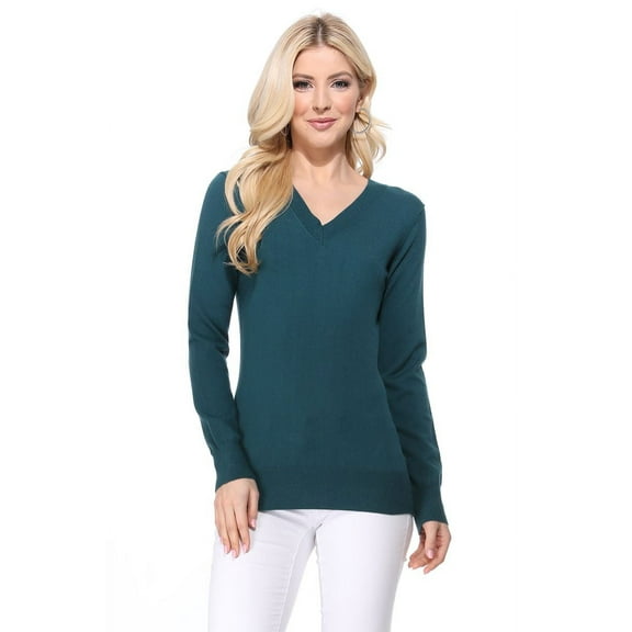 YEMAK Women's Knit Sweater Pullover – Long Sleeve V-Neck Basic Classic Casual Knitted Soft Lightweight T-Shirt Top