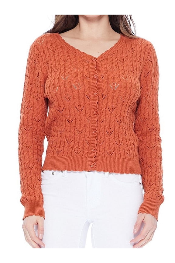 Women's Lace Patterned Long Sleeve V-Neck Scallop Hem Casual Cardigan Sweater MK3659-DOR-L