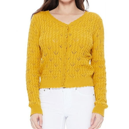 YEMAK Women's Lace Patterned Long Sleeve V-Neck Scallop Hem Casual Cardigan Sweater MK3659-HON-L