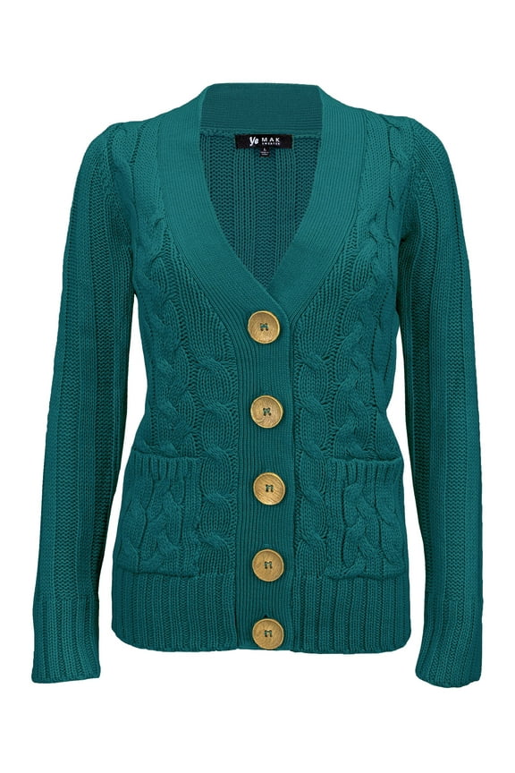 Women's Long-Sleeve Button-Down Two Pocket Cable Knit Casual Cardigan Sweater HB3134-TEL-S