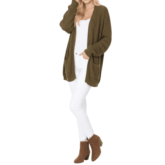 YEMAK Women's Long Sleeve Chunky Waffle Knit Open Front Sweater Cardigan HK8246-OLIVE-ML