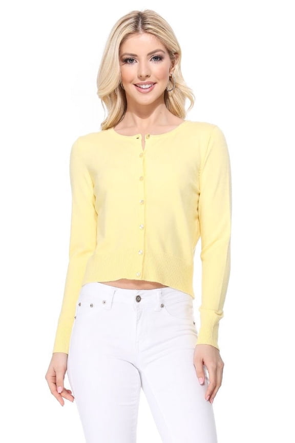 Women's Long Sleeve Crewneck Cropped Button Down Cardigan Sweater MK5502-Babyyellow-M