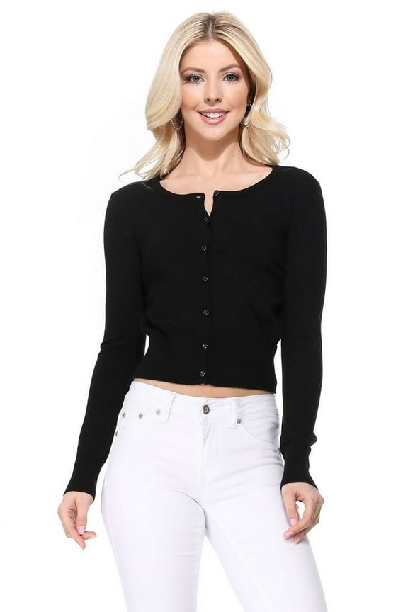 Women's Long Sleeve Crewneck Cropped Button Down Cardigan Sweater MK5502-Black-M