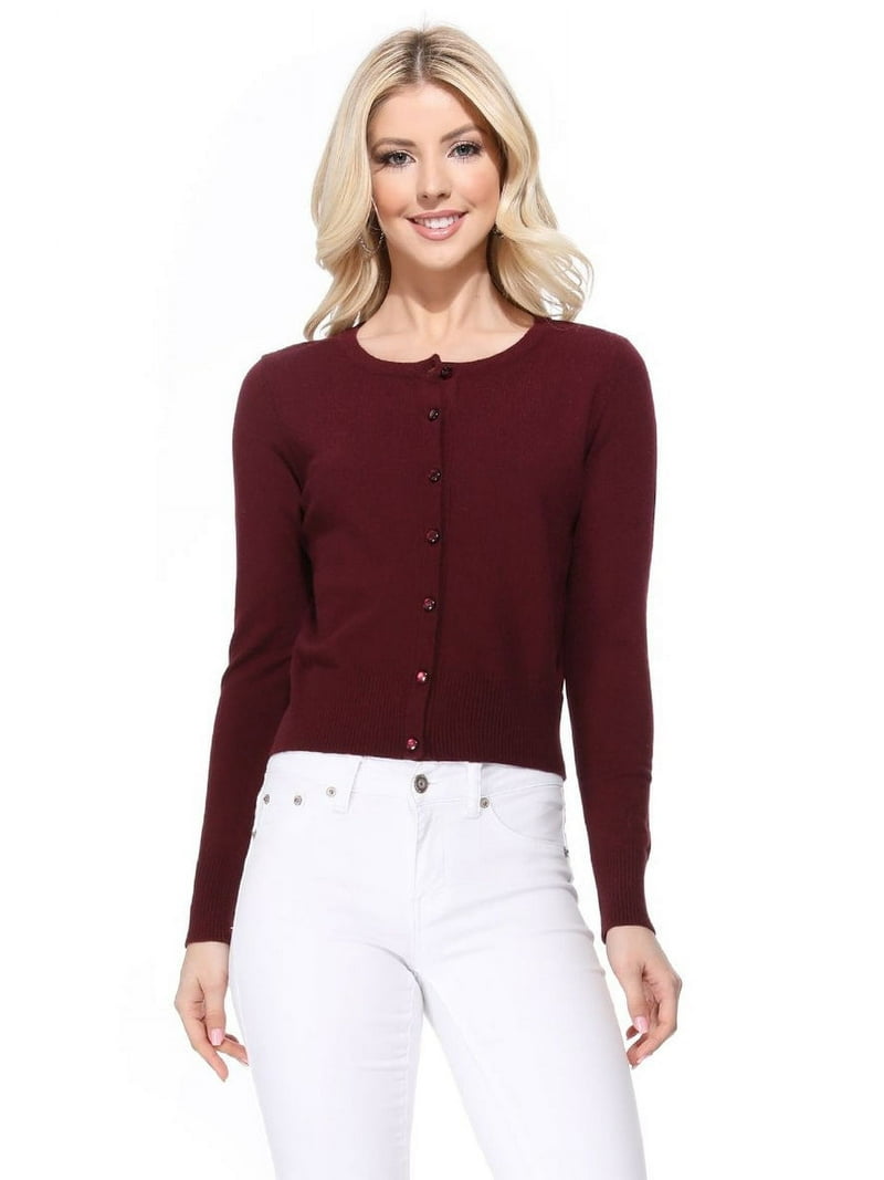 YEMAK Women's Long Sleeve Crewneck Cropped Button Down Cardigan