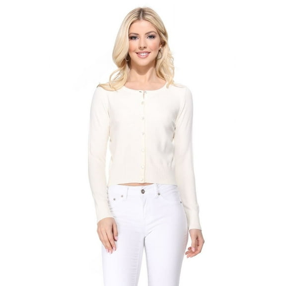 YEMAK Women's Long Sleeve Crewneck Cropped Button Down Cardigan Sweater MK5502-Ivory-S
