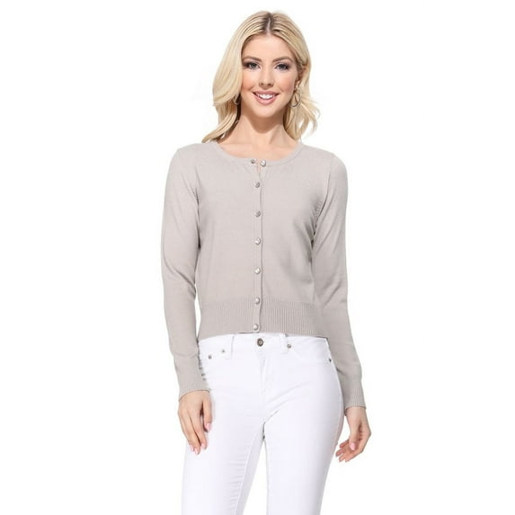 YEMAK Women's Long Sleeve Crewneck Cropped Button Down Cardigan Sweater MK5502-Lightgrey-L