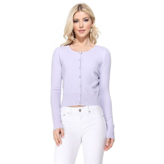YEMAK Women's Long Sleeve Crewneck Cropped Button Down Cardigan Sweater MK5502-Lilac-XL