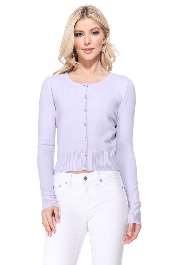 Women's Long Sleeve Crewneck Cropped Button Down Cardigan Sweater MK5502-Lilac-XL
