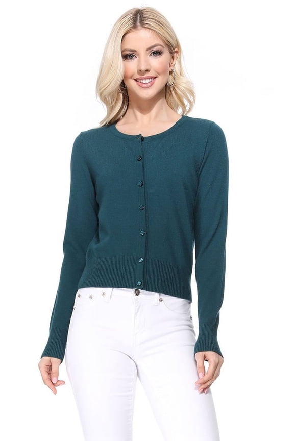 Women's Long Sleeve Crewneck Cropped Button Down Cardigan Sweater MK5502-Peacock-L