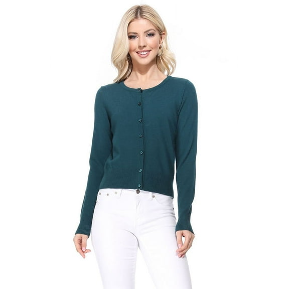 YEMAK Women's Long Sleeve Crewneck Cropped Button Down Cardigan Sweater MK5502-Peacock-XL