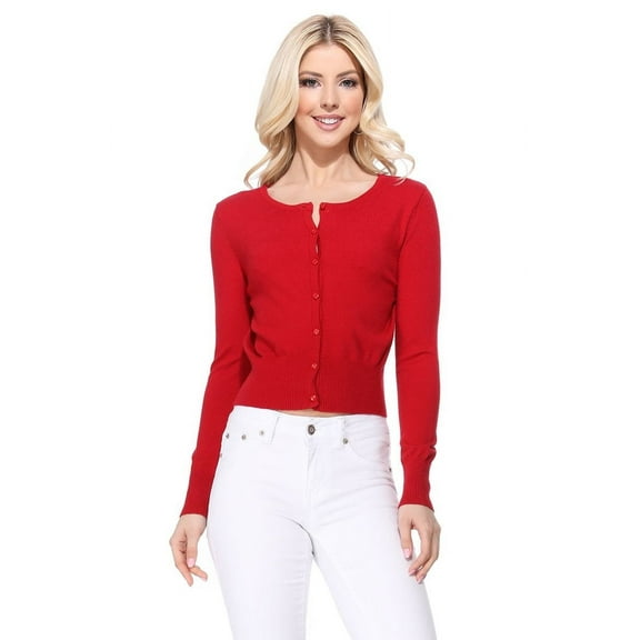 YEMAK Women's Long Sleeve Crewneck Cropped Button Down Cardigan Sweater MK5502-Red-M