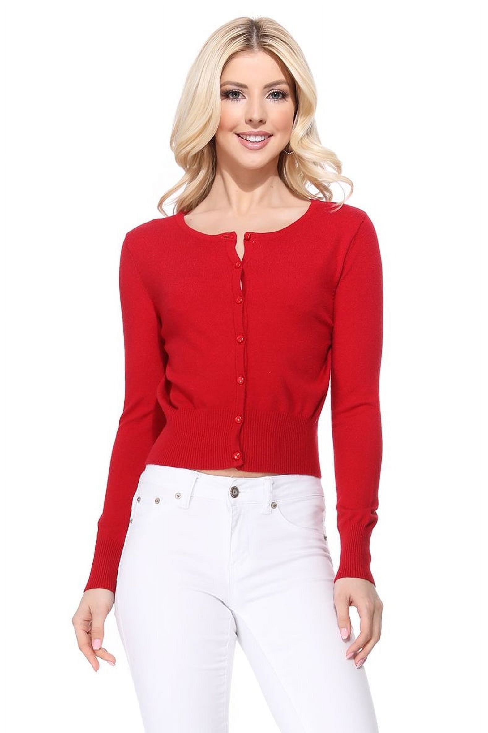 YEMAK Women s Long Sleeve Crewneck Cropped Button Down Cardigan Sweater MK5502 Red S Walmart