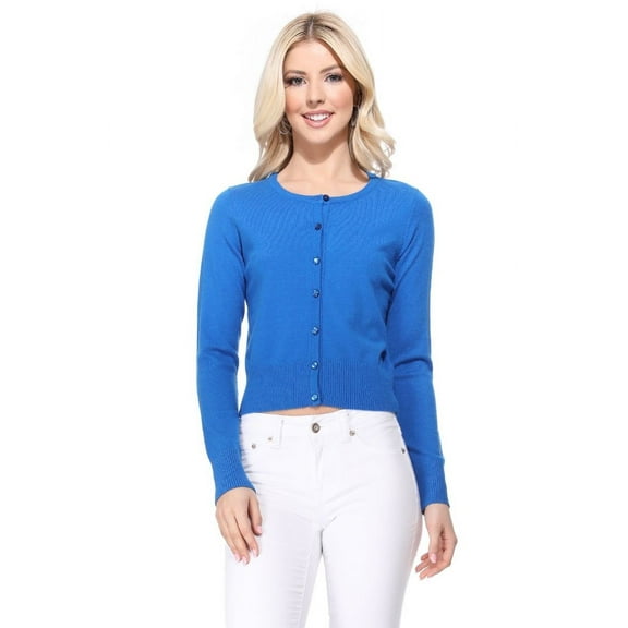 YEMAK Women's Long Sleeve Crewneck Cropped Button Down Cardigan Sweater MK5502-Royalblue-XL