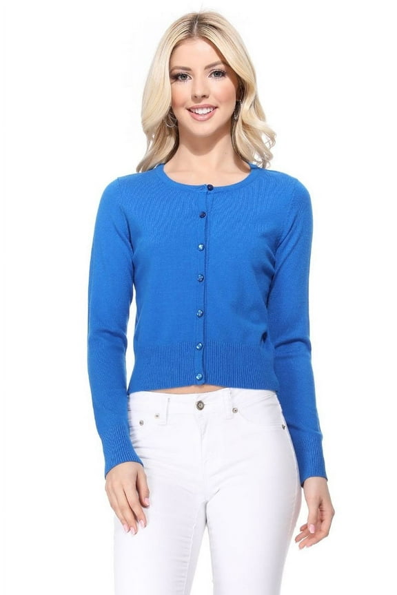Women's Long Sleeve Crewneck Cropped Button Down Cardigan Sweater MK5502-Royalblue-XL