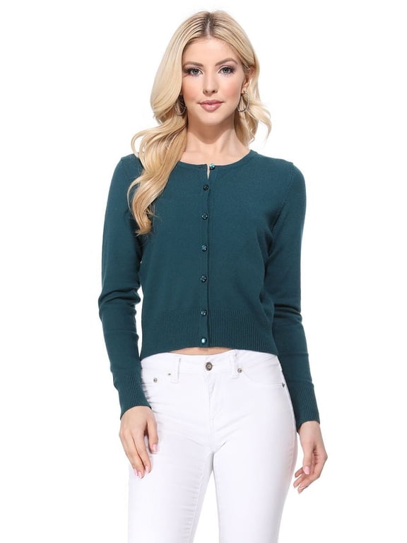 Women's Long Sleeve Crewneck Cropped Button Down Cardigan Sweater MK5502-Tealblue-S