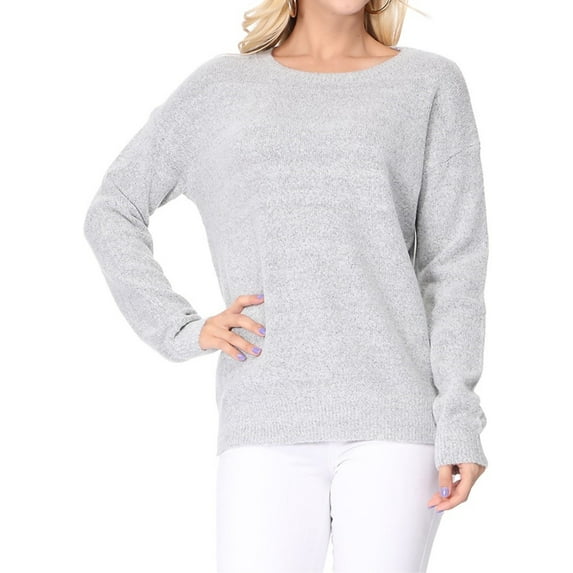 YEMAK Women's Long Sleeve Crewneck Lightweight Casual Soft Knit Pullover Sweater MK8015-GRY-L