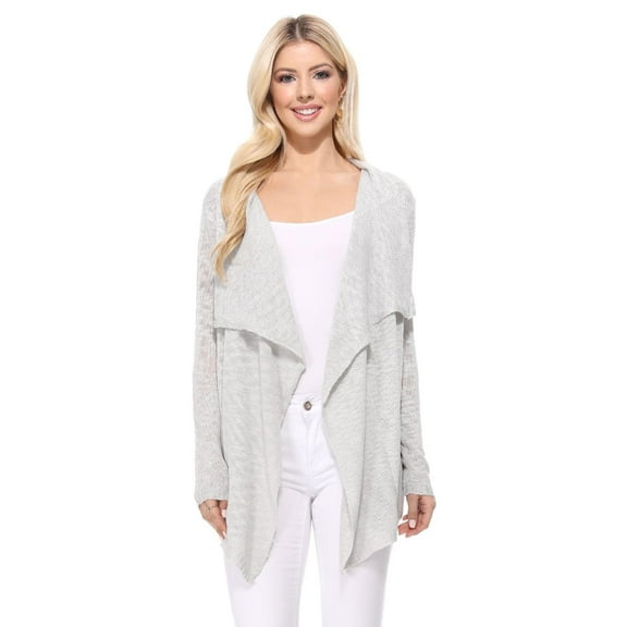 YEMAK Women's Long Sleeve Soft Sheer Slub Open Front Casual Cardigan Sweater MK8080-SIL-L